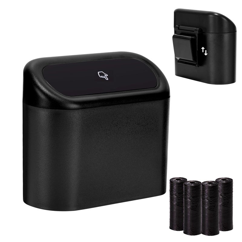 Ginsco Mini Car Trash Can with Lid Small Car Garbage Can Cute Leakproof ABS Car Trash Bin Car Accessories for Interior Garbage Bin for Car Home Office with 60pcs Trash Bags Black